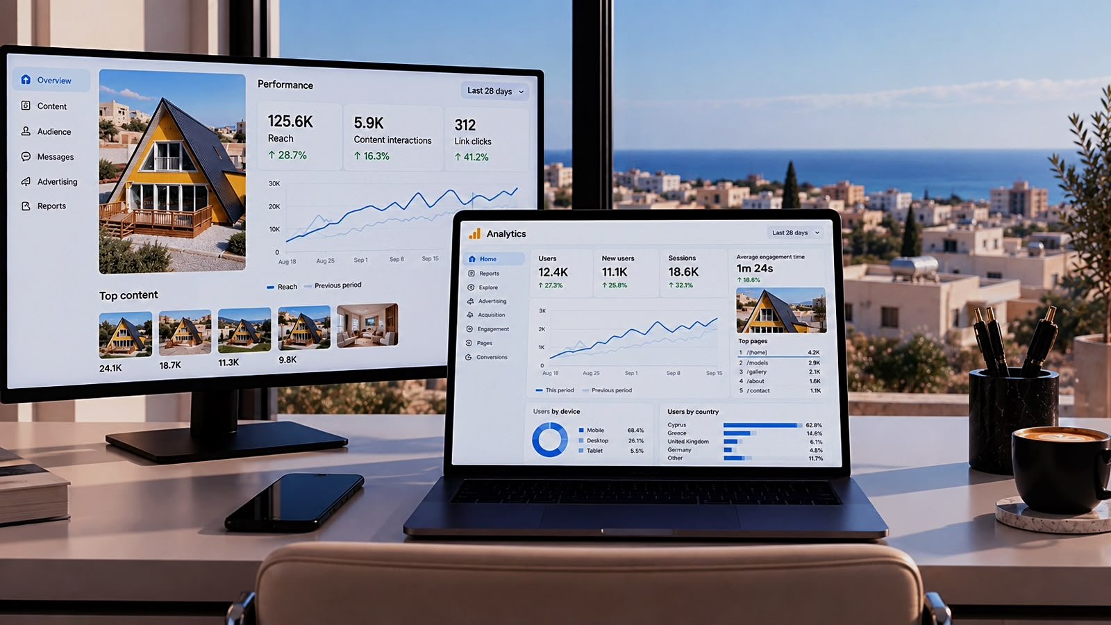 Website performance and analytics displayed on desktop and laptop screens