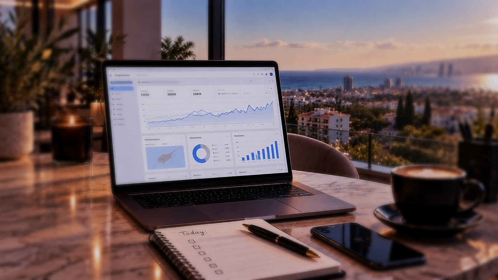 Digital marketing performance dashboard on laptop in Cyprus
